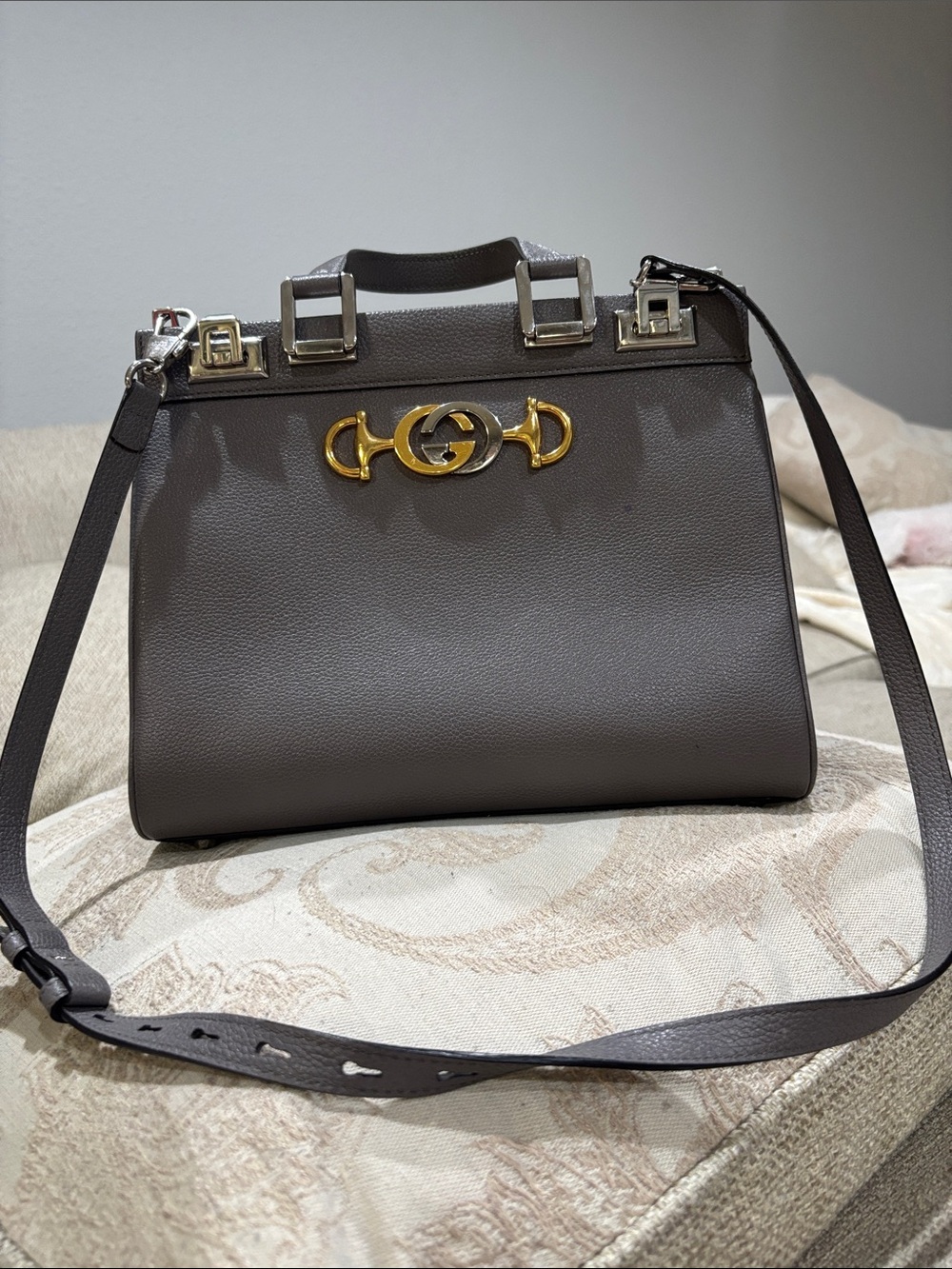 Gucci Gray Leather Satchel with Gold Horsebit Detail
